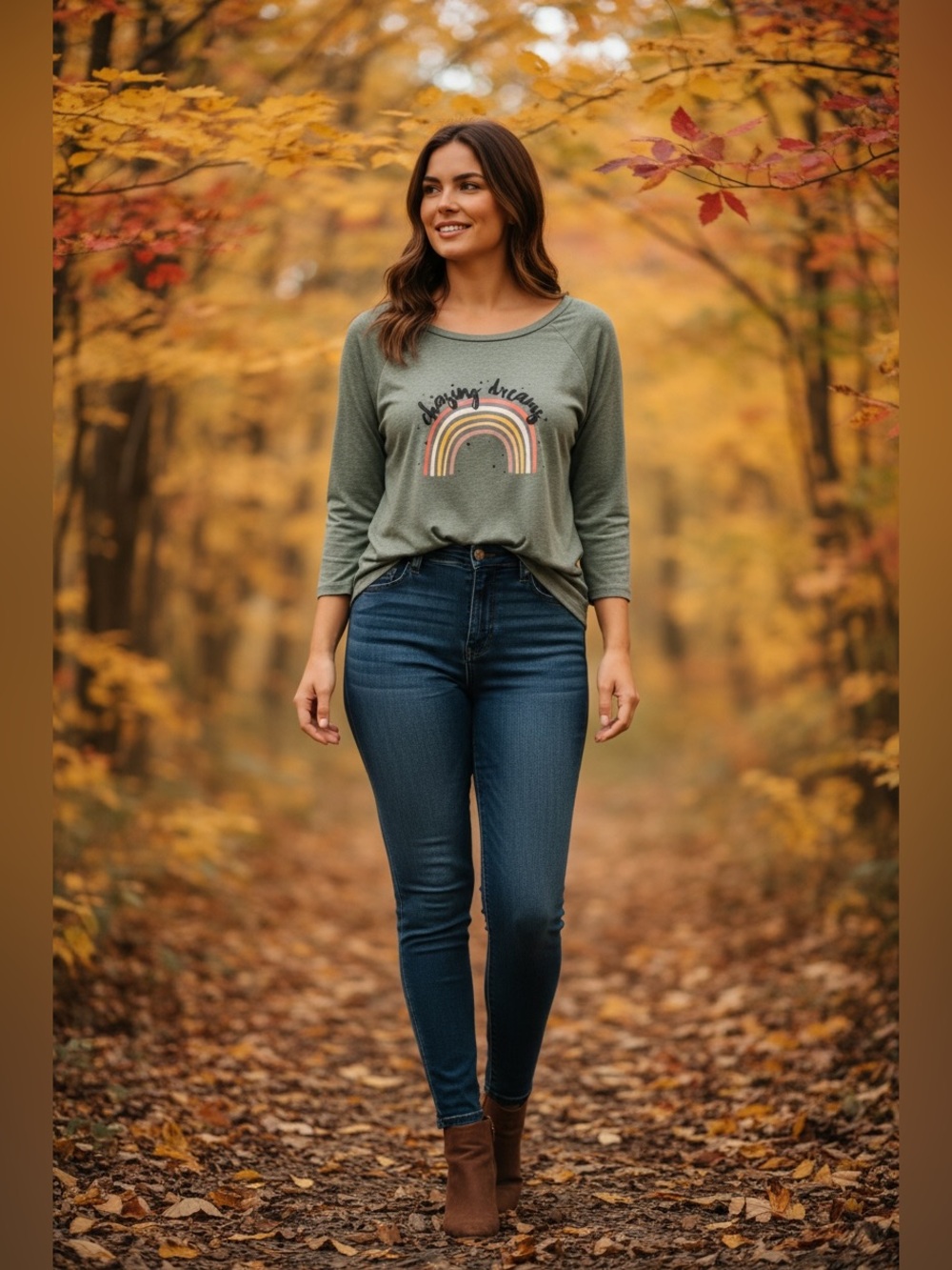 torrid Olive Green Long Sleeve Rainbow Graphic Tee